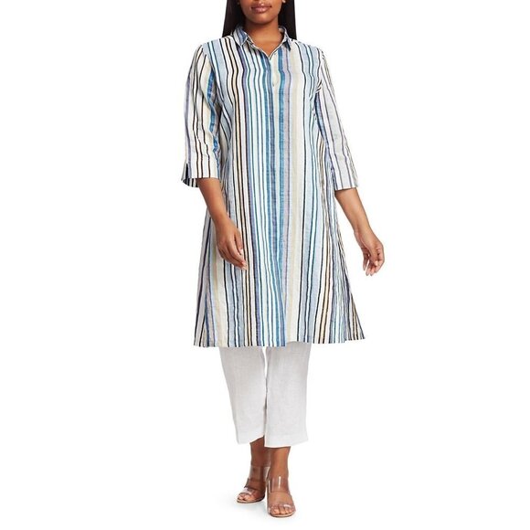 Marina Sport Diabese Tunic Womens Size 14 Striped Linen Blend Button Front Slits - Picture 5 of 13